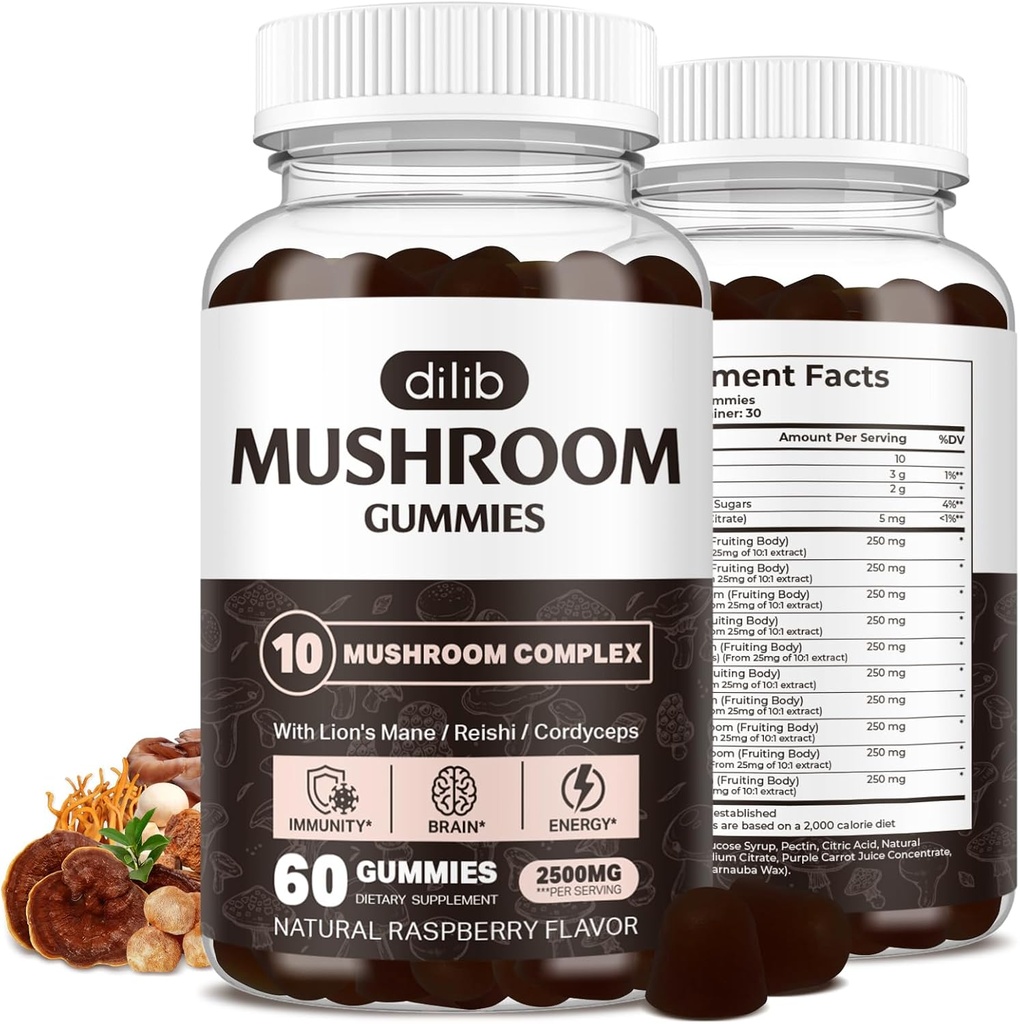 Mushroom Gummies 10 בלגן Mushrooms מורכב 2500 מ"ג עם Lions Mane, Cordyceps, טורקיה Tail, Chaga, Reishii תוספת-Focus, Clarity, Memory, Energy, Immune Support 60 חניכיים