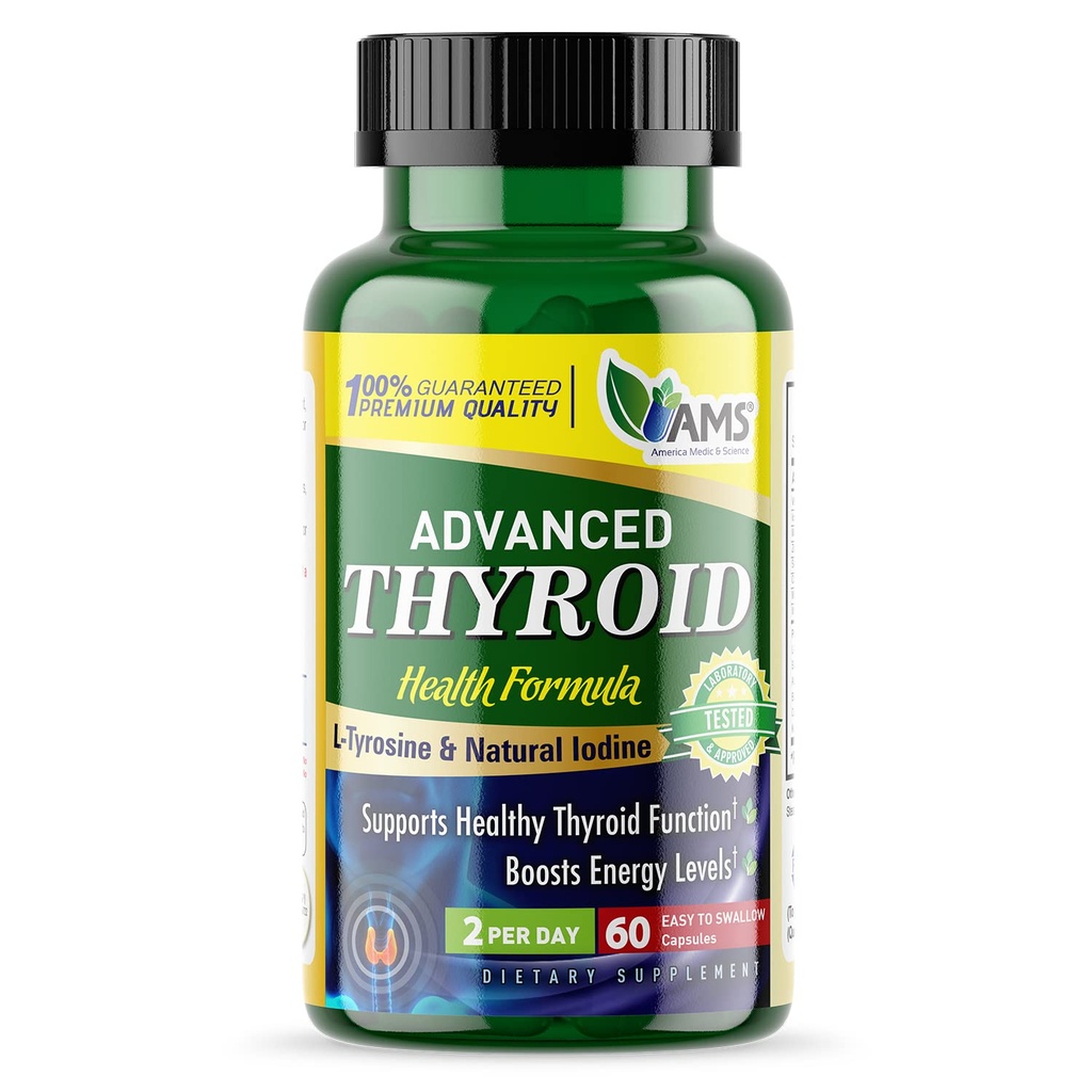America Medic & Science Advanced Thyroid (60 Capsules) | Thyroid Support for Men and Women | Mood and Energy Booster Supplement | with Natural Ashwagandha, Iodine, Selenium, and Vitamin B12