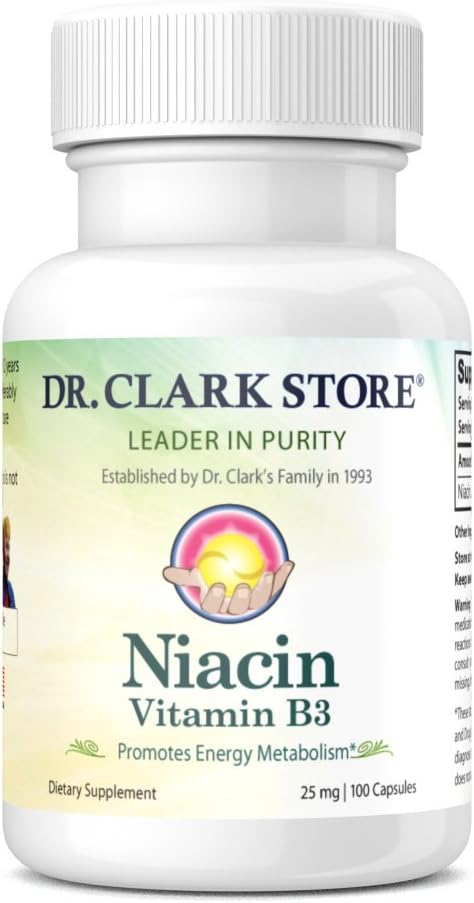 Dr Clark Niacina (Vitamina B3) Suplemento – 25mg, 100 cápsulas de xelatina, soporta circulación e niveis de colesterol saudables