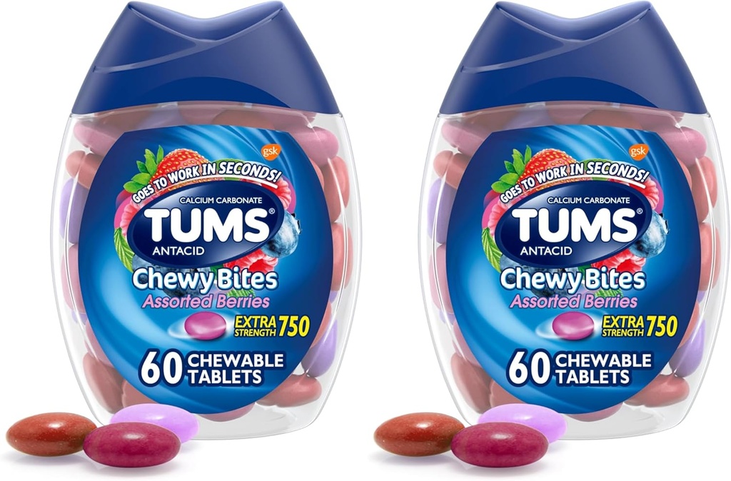 TUMS Chewy Bites Antacid Tablets für Kaubares Heartburn Relief und Säure Indigestion Relief, sortierte Beeren - 60 Count (Pack von 2)