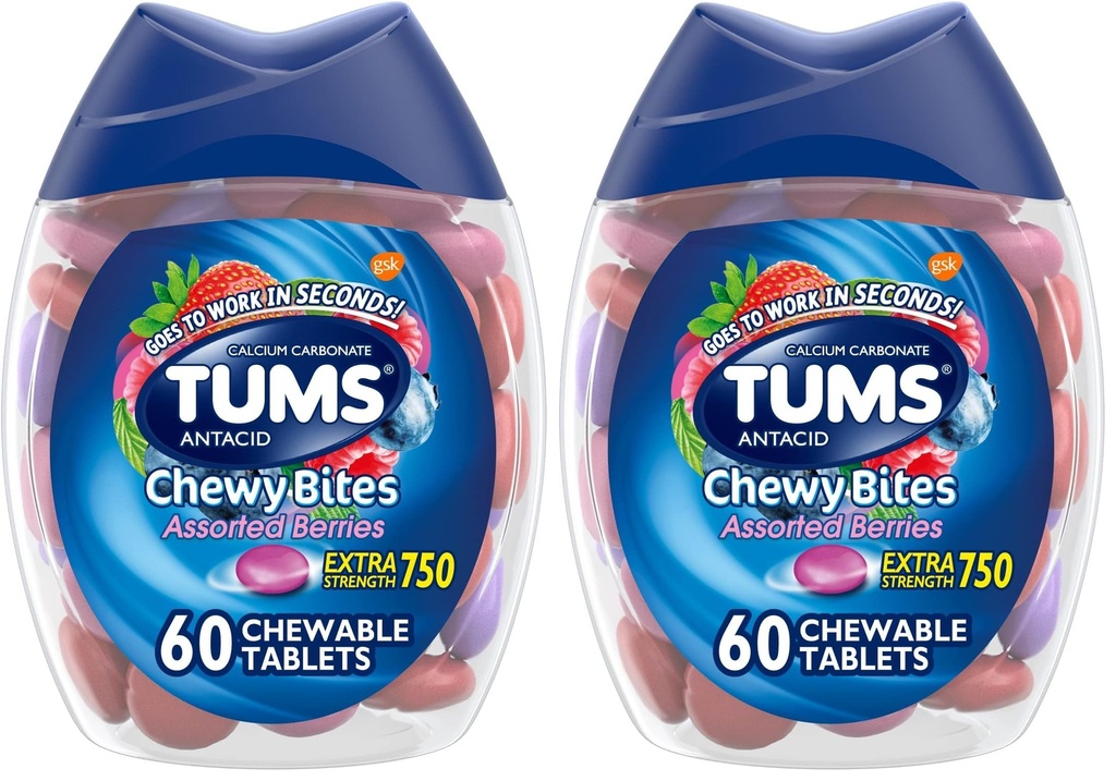 TUMS Chewy Bites Antacid Tablets for Chewable Heartburn Relief and Acid Indigestion Relief, Assorted Berries - 60 Count (Pack of 2)