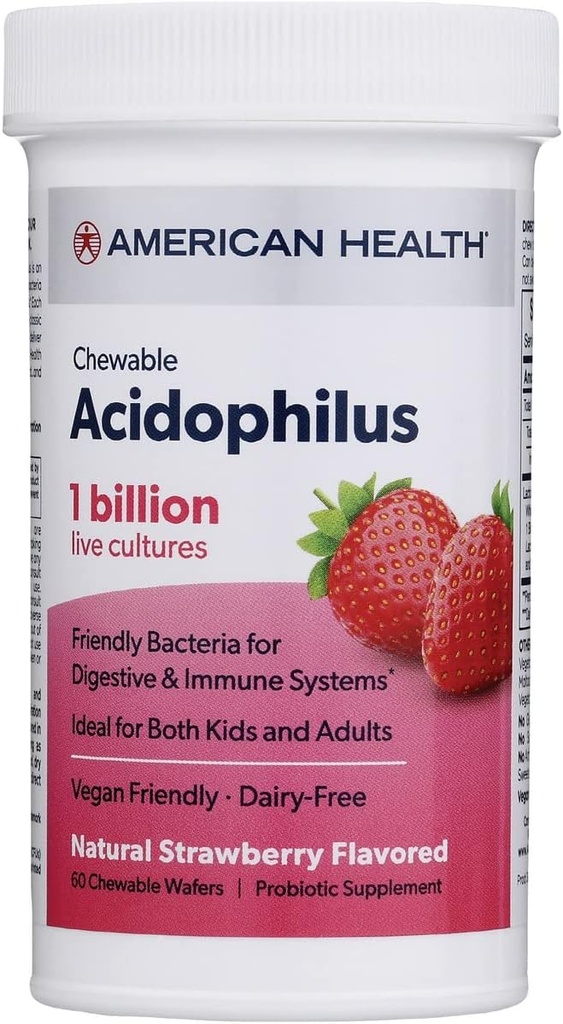 AMERICAN HEALTH Daily Chewable Tablet Acidophilus, 1 Billion Live Cultures, Beneficial Bacteria for the Digestive & Immune Systems, Strawberry, 60 Count
