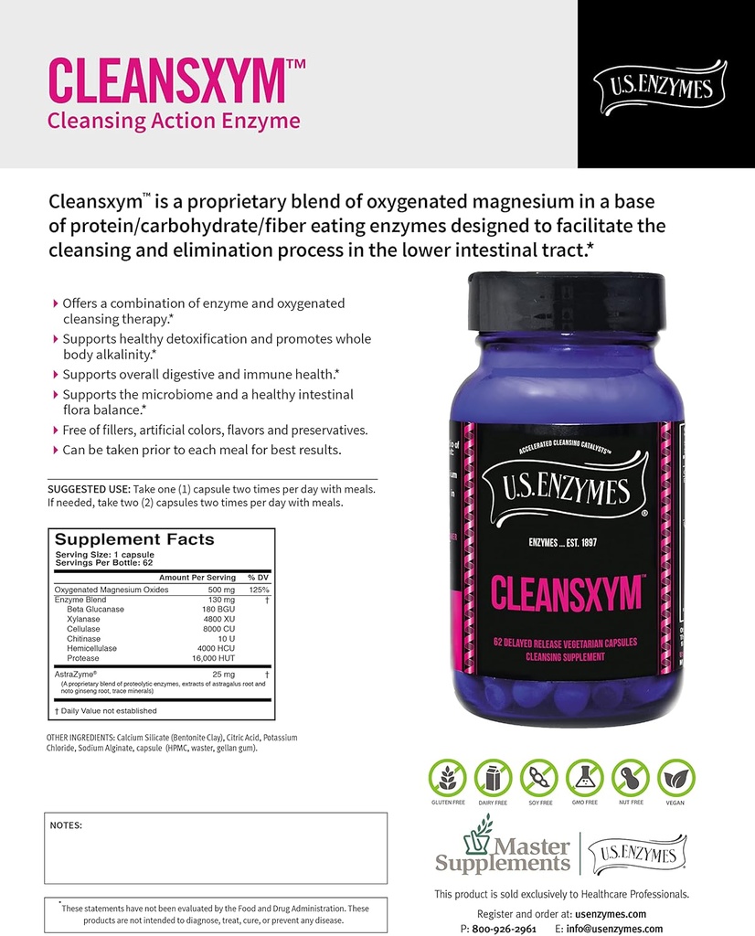 Enzymes américains CLEANSXYM 62 Capsules végétariennes. Supplément nettoyant.