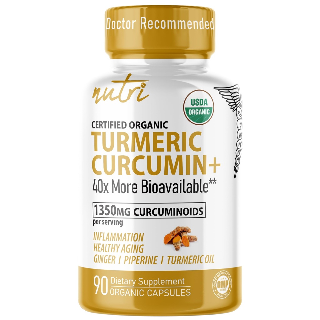 Nutri Organic Turmeric Curcumin Supplement 1425mg - 40x More Bioavailable - 95% Pure Curcuminoids - with Black Pepper, Ginger & Turmeric Oil - 90 Count Capsules, 3rd Party Tested