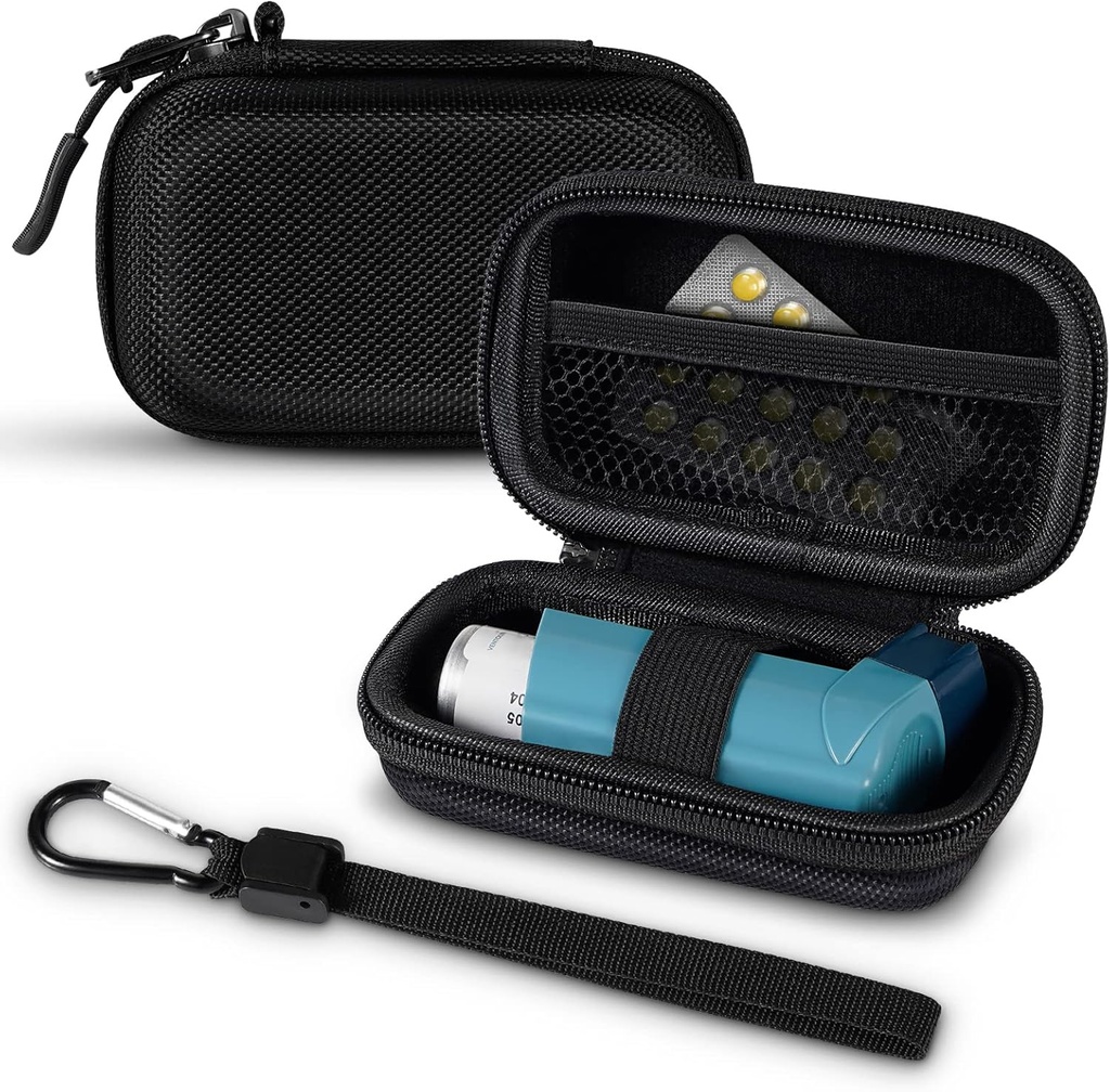 Inhaler Case, Hard Shell Protective Travel Carrying Case, Fits Standard Rescue & New Albuterol Inhaler Devices to 4 hazbete, Device Not Included, Black