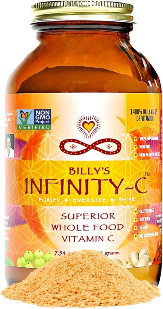 Infinity-C Organic whole-Food Sourced Vitamin C Powder , Acerola, Camu Camu ' Amla ) 1000mg Superfood C ) High-Potency ) Shilajit, Astragalus Root ' Ginger ) Vegan, Non-GMO (30 Servings)