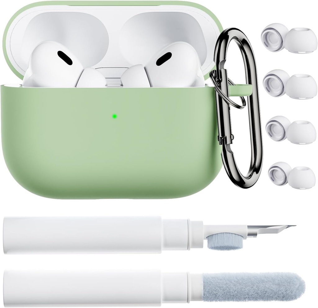 ORNARTO for AirPods Pro 2 Case, Compatible with AirPods Pro 1st/2nd Generation, Soft Silicone Cover with Cleaner Kit, Eartips Protector & Keychain-Pistachio