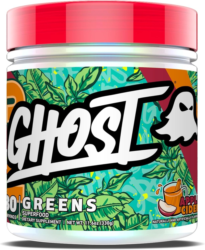 GHOST Greens Powder, Apple Cider - 30 Servers - 19 Superfood Greens & Reds Powder, Fruits, Groenten, Spirulina, & Chlorella, Prebiotica, 10 Miljard CFU Probiotica & Digestieve enzymen - Glutenvrije