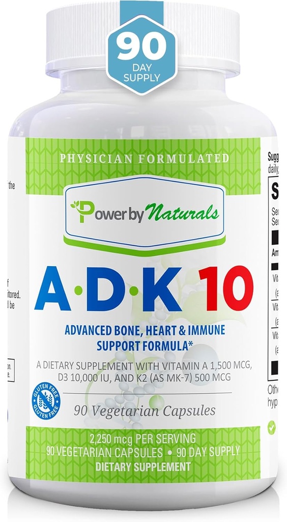 Power By Naturals ADK Vitamin Supplement - ADK 10 High Potency med vitamin A, D3 10.000 IE & K2 MK7 för Superior Heart, Immune & Bone Health Support - 90 kapslar, 1 Pack (3-månaders leverans)