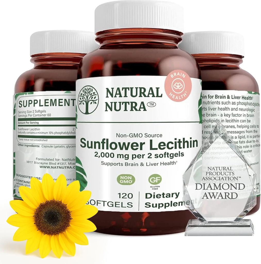 Natural Nutra Sunflower Lecithin 2000 mg dodatek, podporuje Kojení Moms s plugged Milk Duct Relief, Játra & Brain Health Booster, Soy Free, Non- GMO, gluten- Free, 120 Softgels (2 balení)
