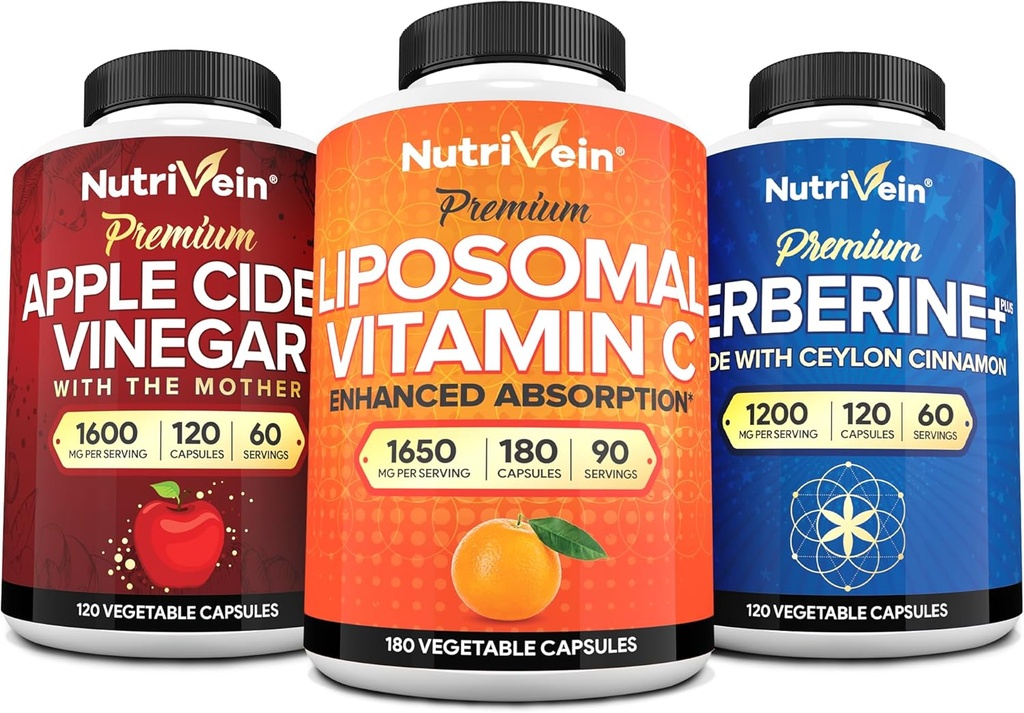 Nutrivein Premium Berberine, Apple Cider Vinegar, & Liposomal Vitamin C Supplement Sche: High-Ab Metaboli C Capsules, ACV Capsules, & Berberine Supplement for Wellness & Immunity