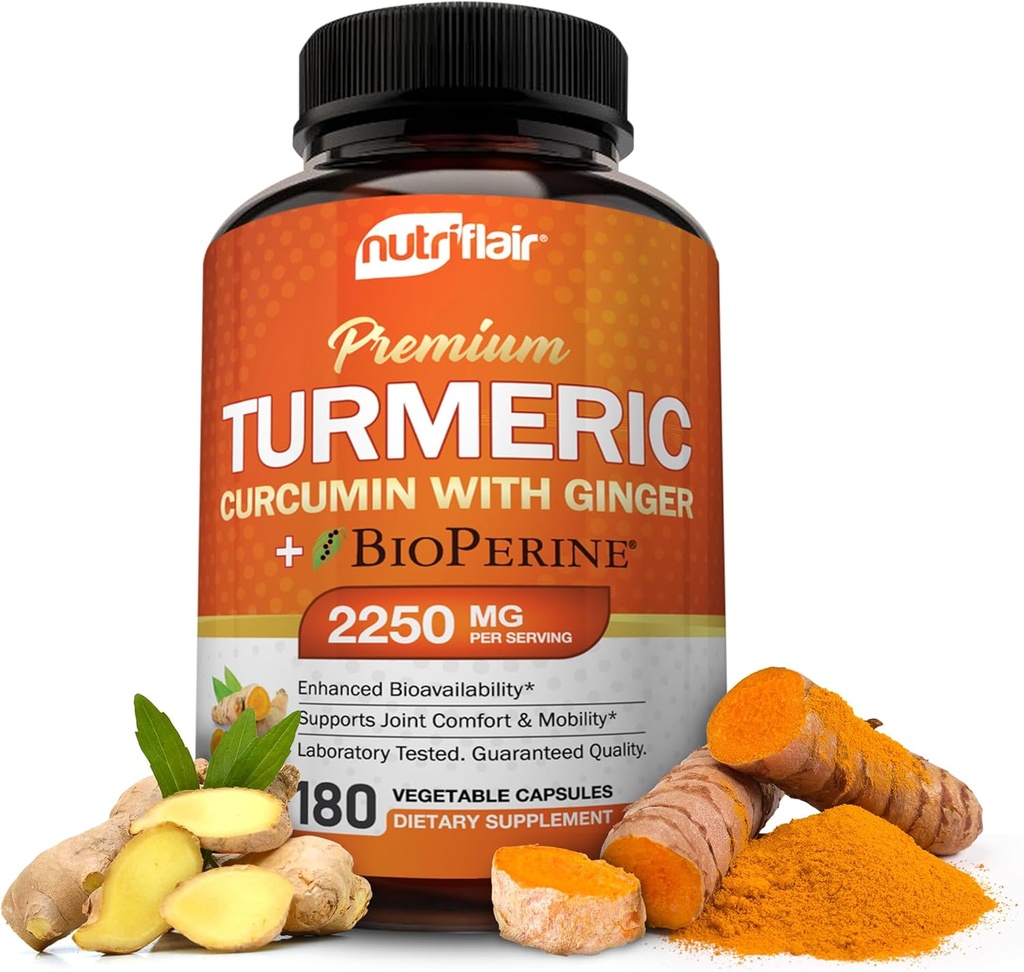 NutriFlair Turmeric Curcumin med Ginger och BioPerine Black Pepper Supplements, 180 Capsules - 95% Curcuminoids - Gemensamt stöd, Antioxidant, Anti Aging - Naturlig, icke-GMO, Vegan Bästa Maximum Potens