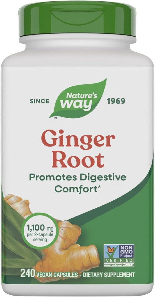 Nature's Way Ginger Root капсули 550 mg на капсула, Digestive Comfort * Reduces Motion-Related Gasting *, 1,100 mg на 2 капсули, Non-GMO Project Verified, Vegen, 240 Count (Packaging May Vary)
