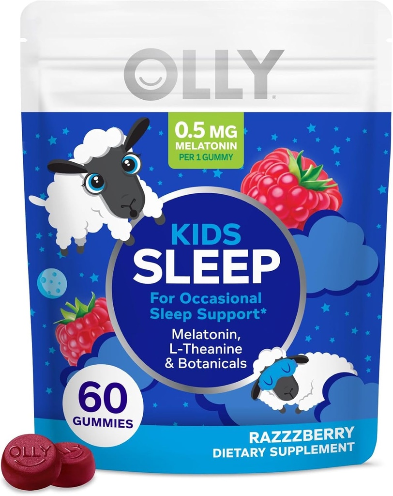 OLLY Kids Sleep Gummy, 0.5mg Melatonin, L Theanine, Chamomile, and Lemon Balm, Діти Chewable Supplement, Occasional Sleep Support, Малина - 60 Count