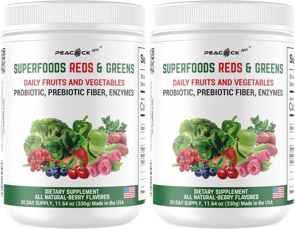 Superalimentos Vermelhos & Verdes Pó - 11.64 oz (Pacote de 2), Prebióticos & Probióticos para a Saúde Digestiva, Super Verdes Pó com Ashwagandha, Antioxidantes, Vegan, Não-GMO