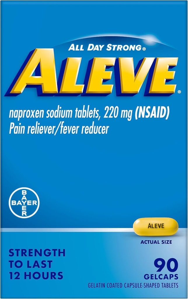 Aleve Pain Reliever & Fever Reducer Gelcaps, Naproxen Natrijev, Glavobol in bolečine v hrbtu in telesu Relief Medicine, za odrasle in otroke starosti 12 in up, 90 Število