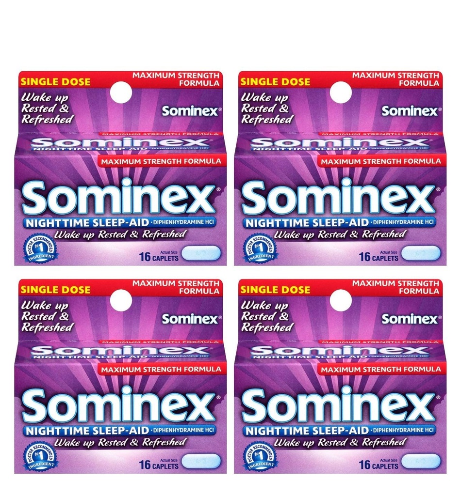 Sominex Nighttime Sleep-Aid Caplets, Maximum Strength, 16 ea (Pack of 4)