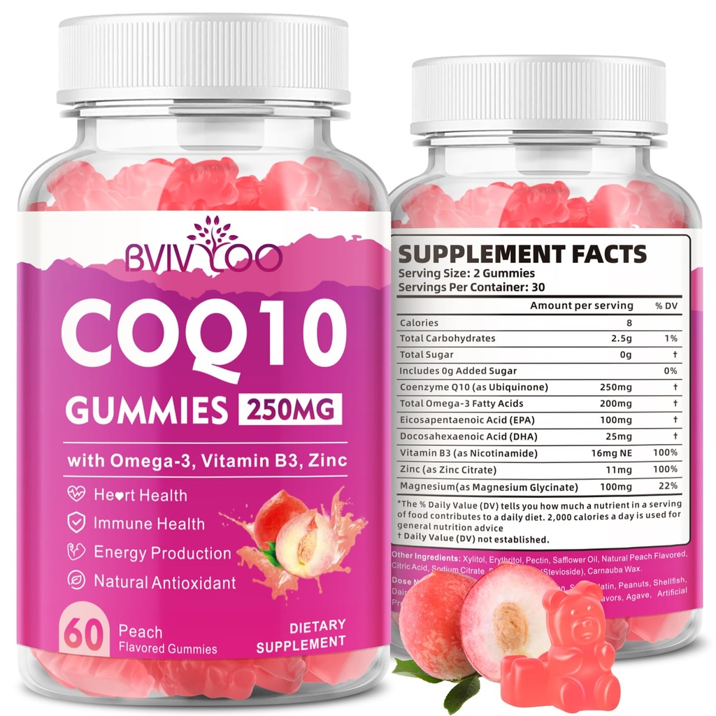 Sugar-Free CoQ10 Gummies 250mg, Plus Omega-3, Vitamin B3 & Zinc, Magnesium - High Absorption Coenzyme Q10 Supplements for Heart Health, Cellular Energy, & Antioxidant Support, 60 Count