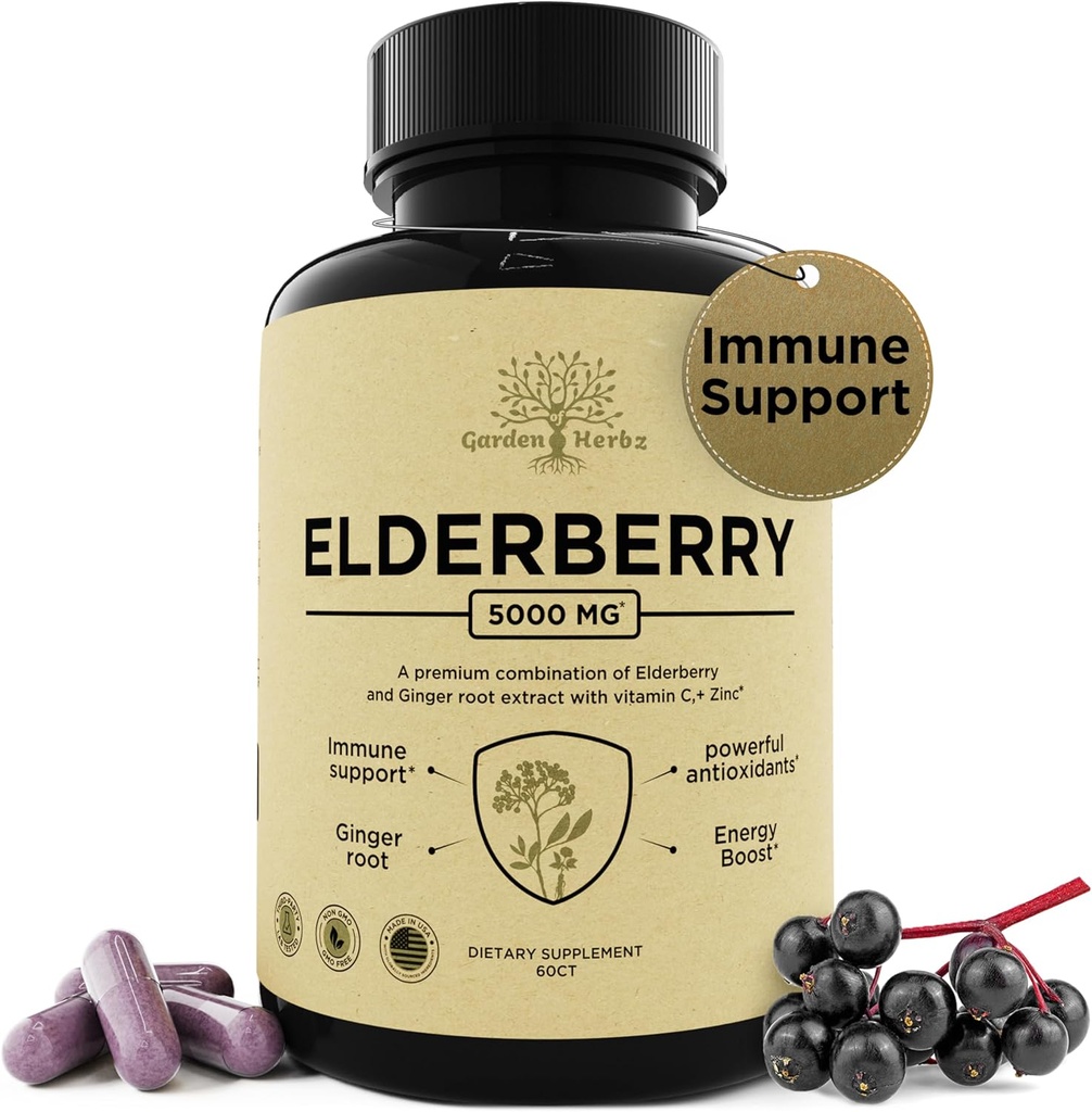 C, Zinc, & Ginger bitaminadun abeltzaina - Potent Immune Booster 5000 Mg Elderberry, Zinc eta C bitamina - GMO ez-GMO Immunity Bitaminak helduei laguntzeko Vibrant, 60 Caps.