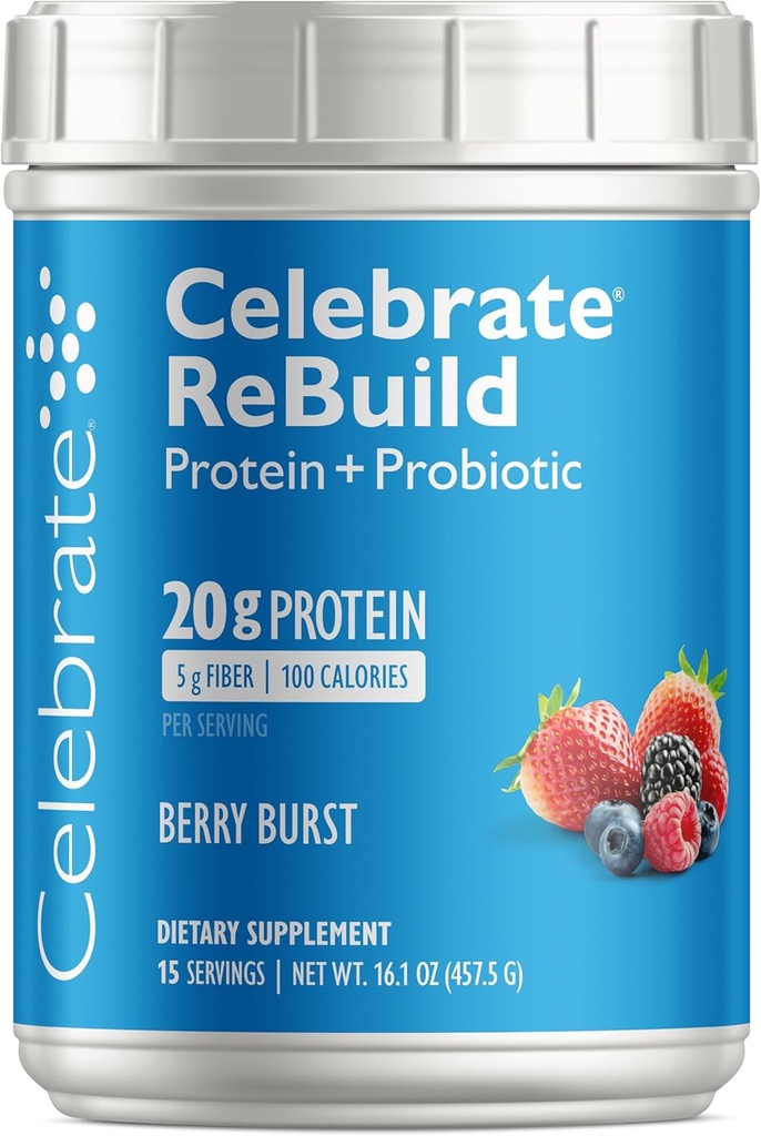 Celebra as vitaminas Rebuild Protein Powder con probióticos e prebióticos - 20g Whey Isolate Protein, High Fiber, para pacientes de cirurxía post bariátrica - Berry Burst (15 porcións)