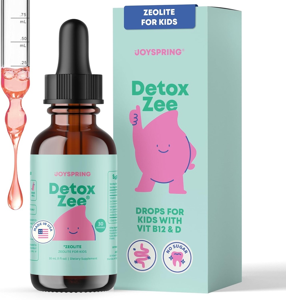 JoySpring DetoxZee Zeolite Drops para Crianças – Clinoptilolite com Vitamina D3 & Cyanocobalamina Vitamina B12 – Natural Berry Flavor Líquido 30 Servings