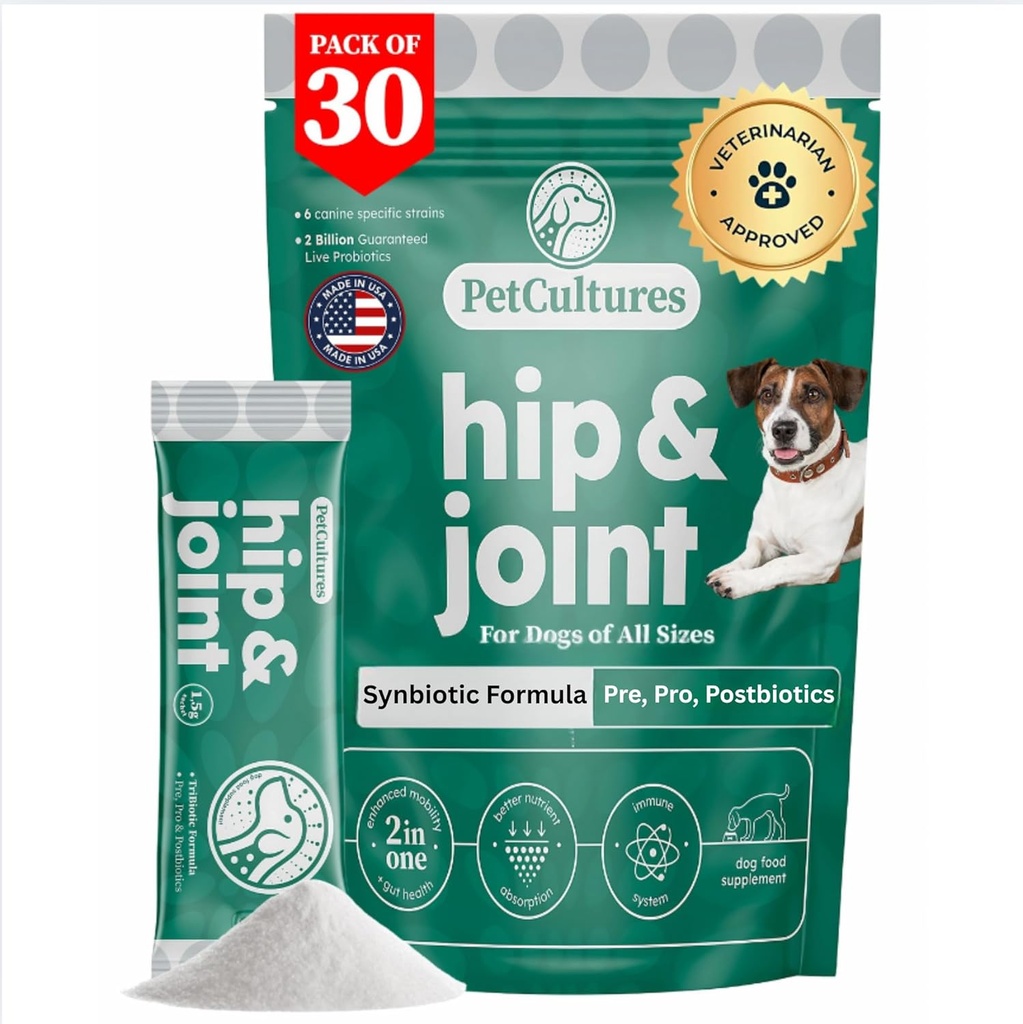PetCultures Hip & Joint TriBiotic Powder, Probiotic, Prebiotic 및 Postbiotic Plus Glucosamine 및 Chondroitin과 함께 식품 토퍼 보충 개 이동성 - 미국에서 제조
