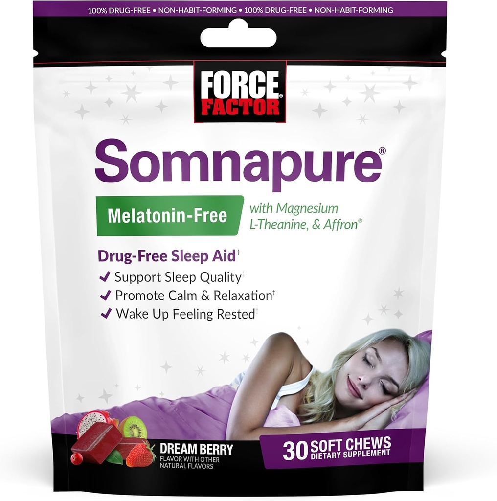 Force Factor Somnapure Melatonin-Free Soft Chews, Sleep Aid to improve Sleep Quality, Affron, Magnesium, L-Theanine, Chamomile, Lemon Balm, Dream Berry 맛, 30 Soft Chews 성인을위한 수면 보조