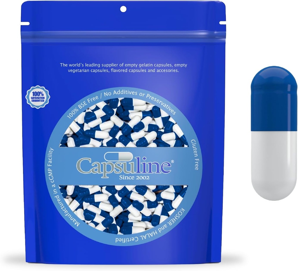 Capsuline Gelatin Capsules DIY 00 Capsules - Kosher sertifikalı, Pure Bovine Pill Capsules Boş & Gluten Free - 1000 Count, Blue/White