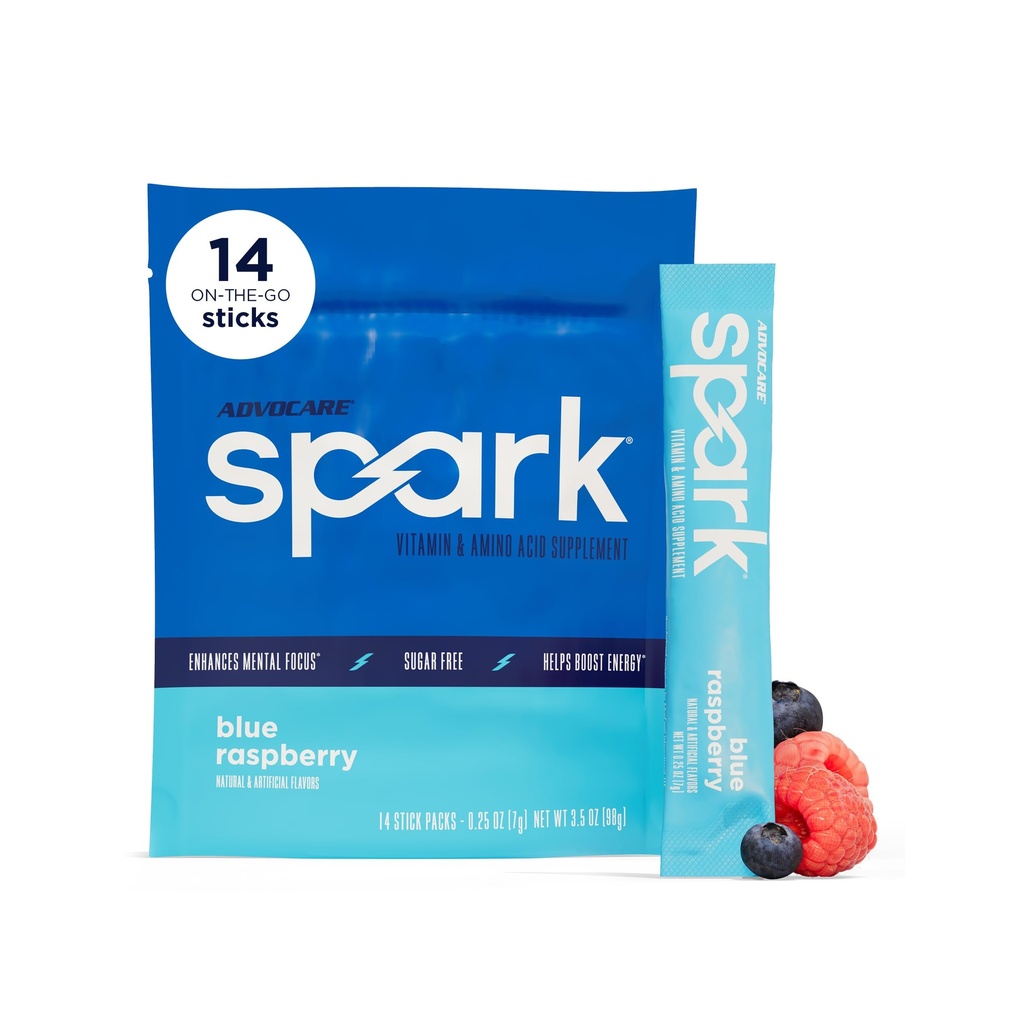AdvoCare Spark - Energy Drink Mix - Vitamin & Amino Acid Supplement - Supports Energy & Focus* - Portable Immune Support* - Sugar-Free - Blue Raspberry, 14 Stick Packs (3.5 oz)