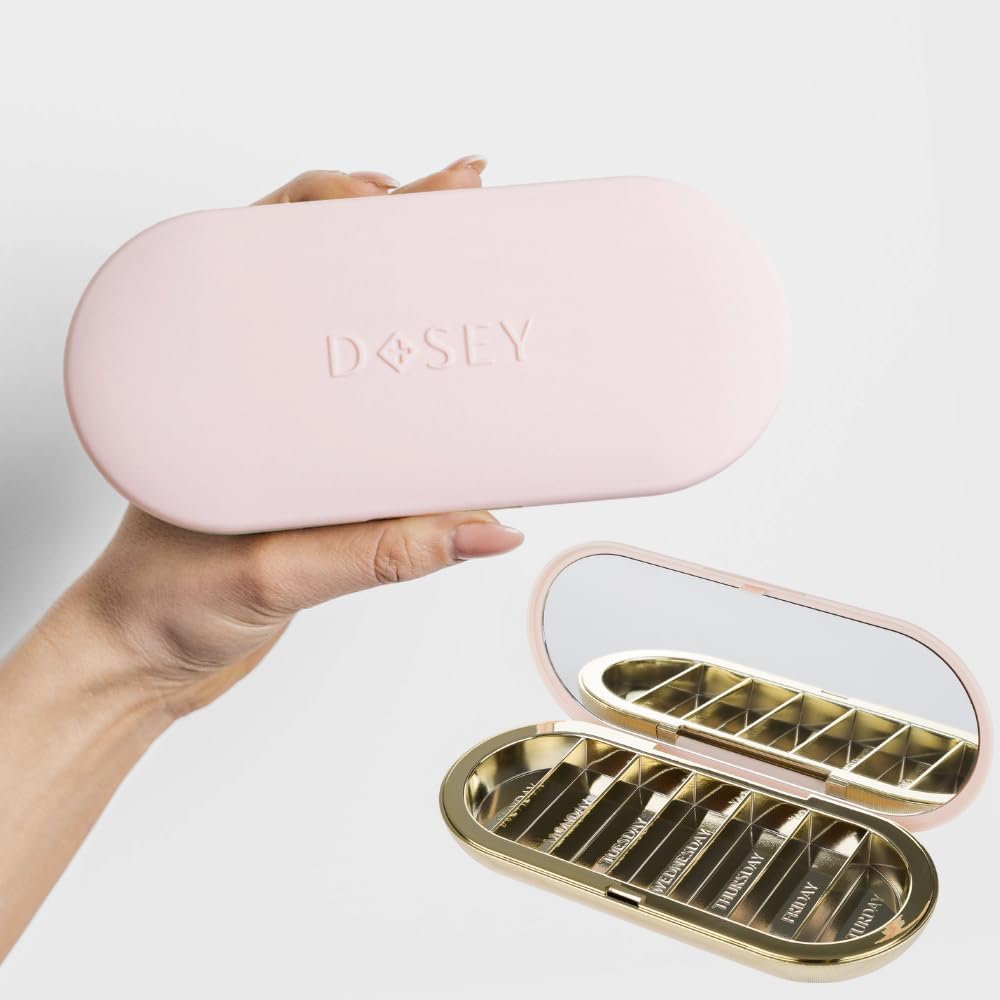 Dosey 7 Day Pill Compact Travel Pill Організатор - Pill Case з 7 Pill Compartments для зберігання ліків та захисту - Стильний і елегантний Організатор з медиків з дзеркалом, рум'яна