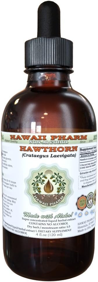 Hawthorn Alcohol-Free Liquid Extract, Organic Hawthorn (Crataegus Laevigata) Dried Leaf, Organic Flower and Stem Glycerite Hawaii Pharm Natural Herbal Supplement 2 oz