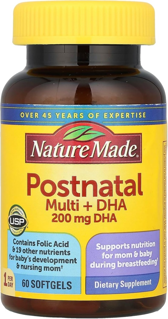 Nature faite multivitamine postnatale + DHA 200 mg, 60 softgels, pour soutenir les mères et les bébés qui allaitent pendant l'allaitement, vitamines et nutriments postnatals inclure le fer, la vitamine D3, le calcium, l'iode