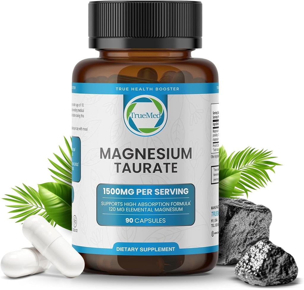 Natural Magnesium Taurate Supplement 1500 mg 90 kapselia - 30 päivää Supply for Sleep Support, Heart Health, Rentoutuminen, Verenpainetasapaino ja energia Boost