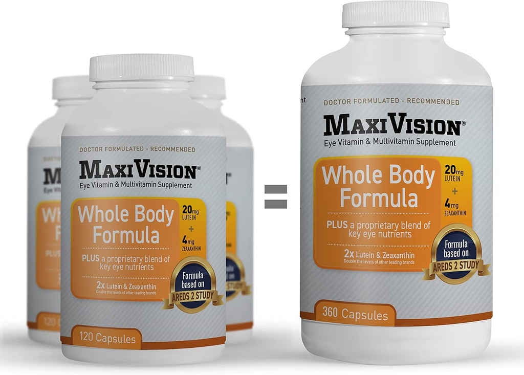 MaxiVision® AREDS 2 Whole Body Formula - AREDS 2 Eye Vitamins w/Lutein and Zeaxanthin - for Macular Support - Eye Supplements for Eye Strain - 360 Capsules Count (360 Capsules 1 Bottle)