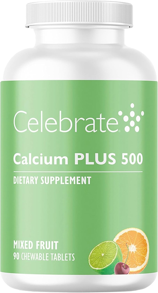 Celebrate Vitaminai Calcium Plus - 500mg Kalcio citratas, 333 TV Vitaminas D3 & 34mg Magnis po baariatric chirurgijos - Laisvos ir nesupakuotos - Sumaišyti vaisiai, 90 kramtomų tablečių