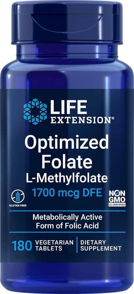 Life Extension Optimoitu Folaatti (L-Metyylifolaatti) 1700 mikrog DFE, 180 Veg tablettia