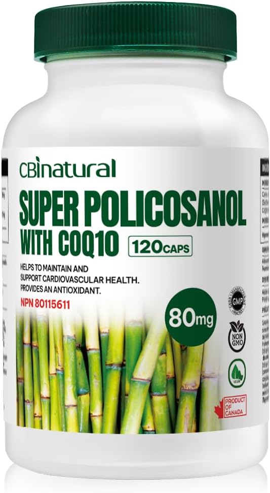 Super Sugarcane Policosanol 80毫克,配有CoQ10 30毫克、120个蔬菜囊、心脏和胆固醇支持、4-Month供应、非GMO、无葡萄糖
