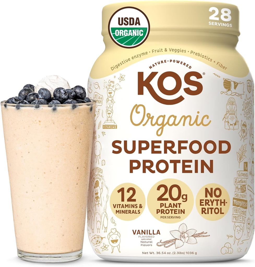 KOS Vegan Protein Powder Erythritol Free, Vanilla USDA Organic - Pea Protein Blend, Superfood Baseada en plantas ricas en vitaminas e minerais - Keto, Dairy Free - Substitución de comidas para mulleres e homes, 28 Servicios