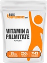 BulkSupplements.com Vitamin A Palmitát Powder - jako Retinol Palmitát, vitamín A dodatek pro imunitní a oční podporu - gluten zdarma, 35 mg na servírování, 250g (8.8 oz) (balení po 1)