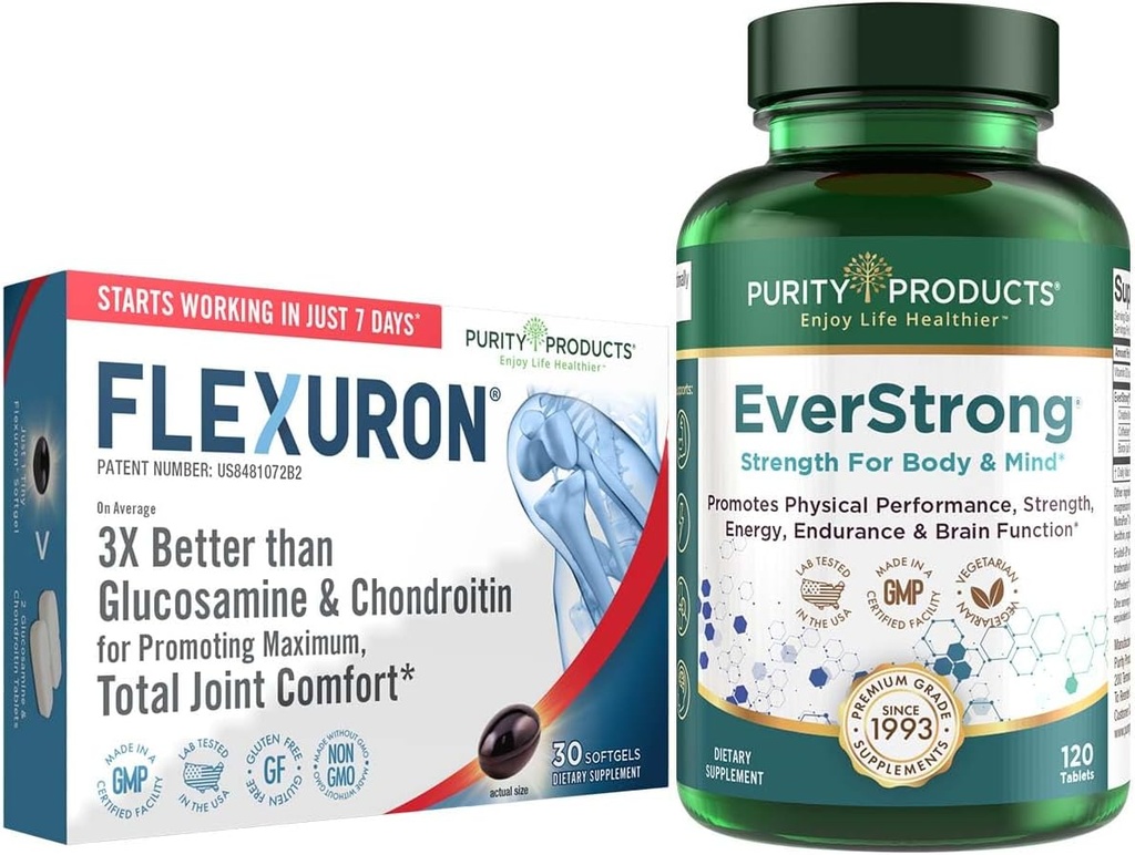 纯度产品包- Flexuron 联合公式 + EverStrong 片- Flexuron - Krill Oil, Hyaluronic Acid + Astaxanthin - EverStrong - 肌肉矩阵 Blend w/Creatine, 咖啡水果提取 + More