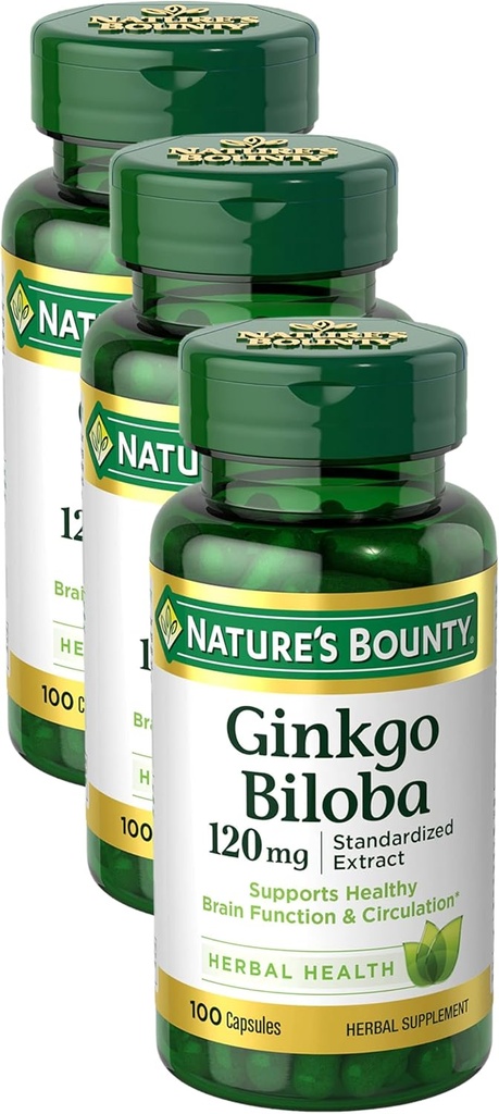 Nature's Bounty Ginkgo Biloba Capsules 120mg, Muistituki täydentää, tukee aivojen toimintaa ja henkistä valppautta, 100 kapselia (paketti 3)