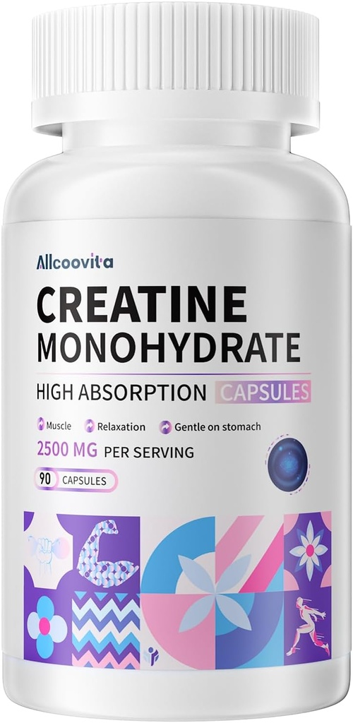 Creatina Cápsulas mono- hidratadas -3 Creatina Cápsulas por serviço, 2500mg, Glúten Grátis, 90 Cápsulas