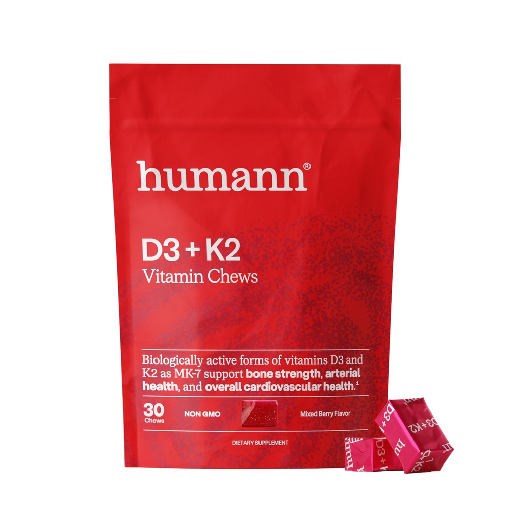 Humann Vitamin D3 + K2 Chews - High Potency Vitamin D 5000iu (125mcg) Helps Support Healthy Mood, Immunity, Cardiovascular, Respiratory Health & Bone Health, Mixed Berry Flavor, 30 Count