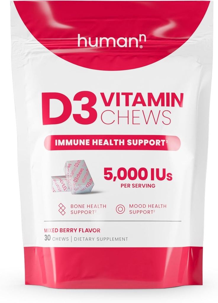 Humann Vitamin D3 Chews - высокопотенциальный витамин D 5000iu (125 мкг) помогает поддерживать здоровое настроение, иммунитет, респираторное здоровье и здоровье костей, смешанный ягодный аромат, 30 граф