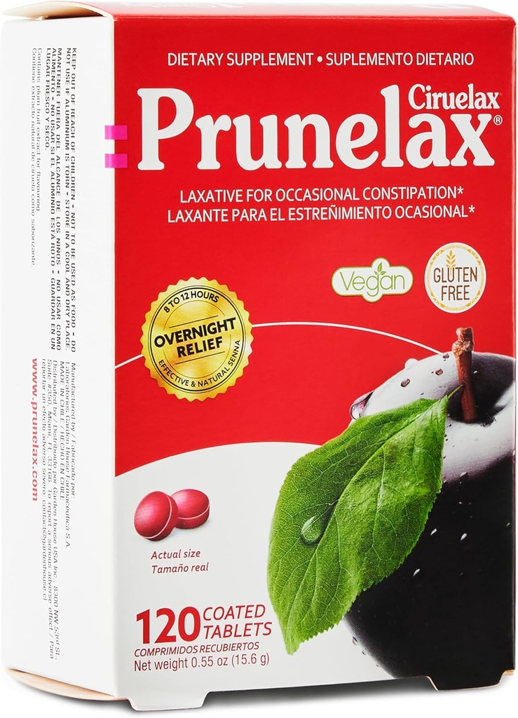Prunelax Ciruelax Estrés Laxative Mini Tablets - Alivio de la noche para el estreñimiento ocasional, Senna Extract, Vegan &amp; Gluten-Free, Gentle Relief - 120ct