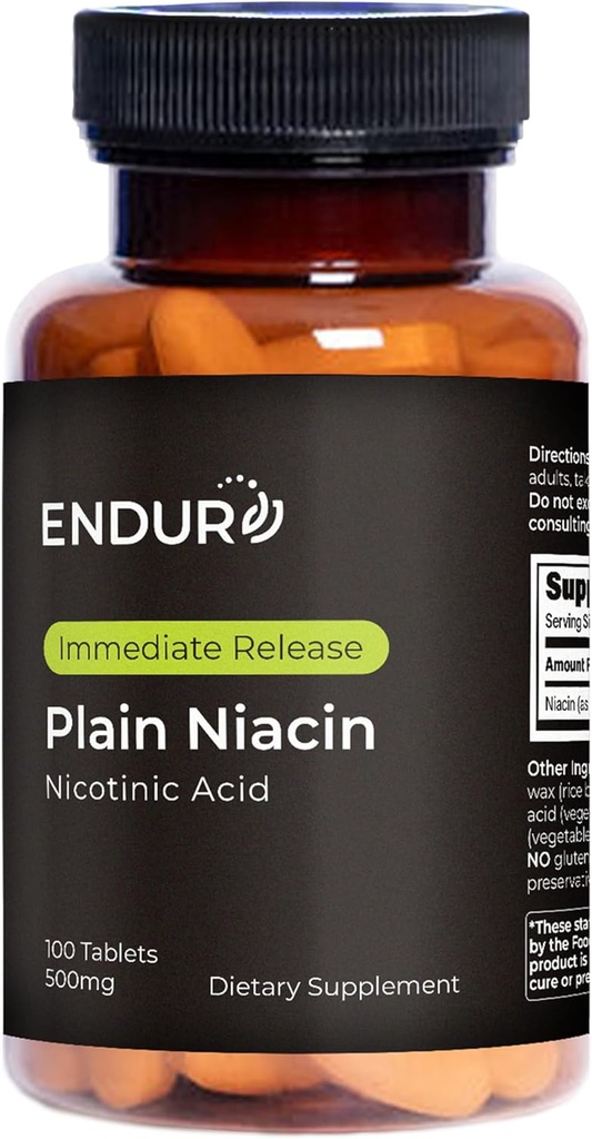 Endur Plain Niacin (Nicotinezuur), Heart Health & Healthy Cholesterol Balance Supplement, Immediate-Release Formula, Glutenvrij, 500mg (100 tabletten)