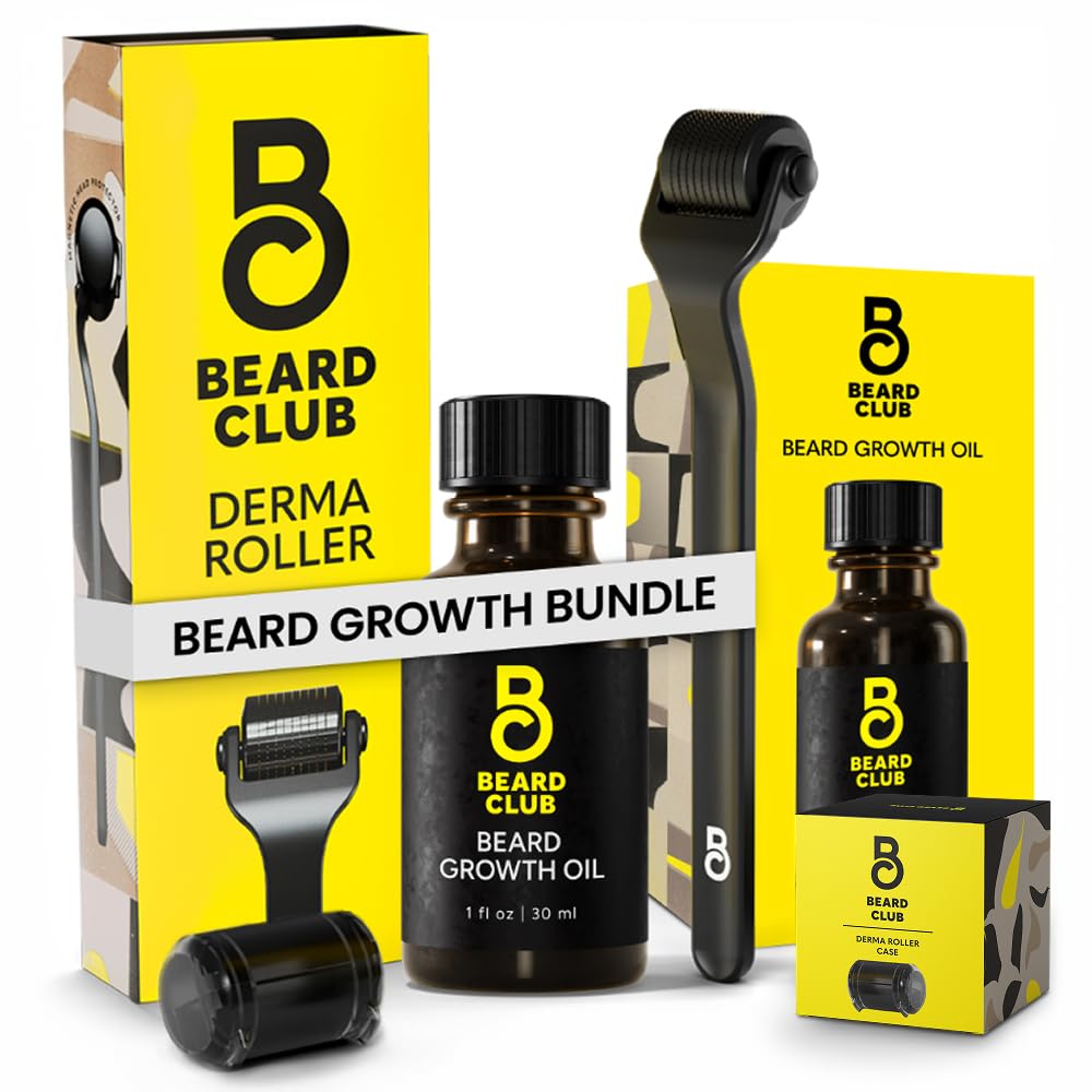 Beard Club Premium Derma roller & baard groei olie - Microneedling roller met 540 Titanium Micronezen voor gezicht, lichaam en scalp - baard roller met sandelhout & Cedar baard olie