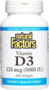 Natural Factors, Vitamin D3, 5,000 IU, Birləşdirici, Bone & Immune Sağlamlıq, 240 Count (Paket 1)