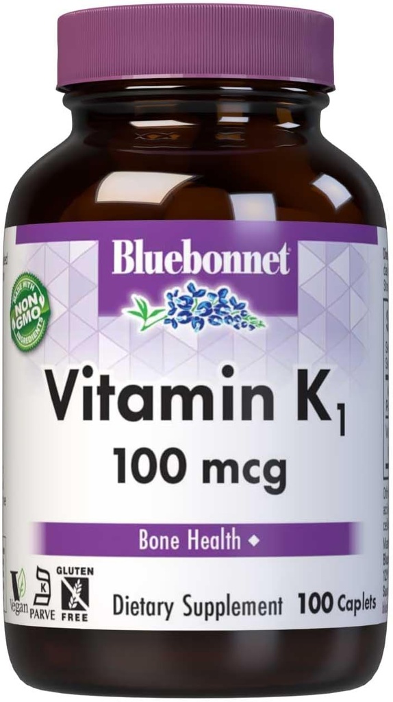 Bluebonnet K1 100 mg Hỗ trợ xương khỏe mạnh - Phylloquinone Crystalline K Append - Non-GMO, Kosher Certified, Gluten- Free, Dairy- Free - 100 Caplets