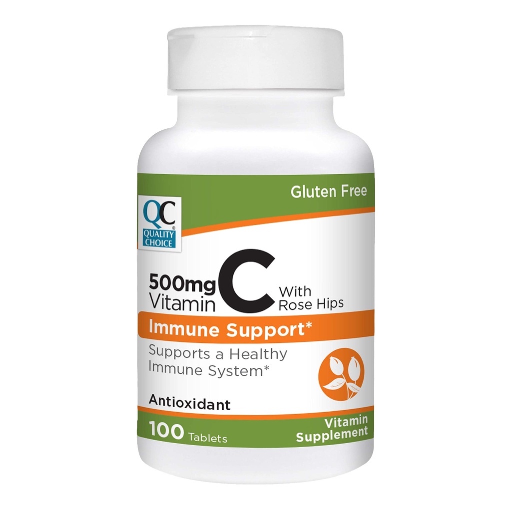 Quality Choice 500 mg Vitamin C with Rose Hip Supplement Immune System Health Tablets 100 Count Bottles